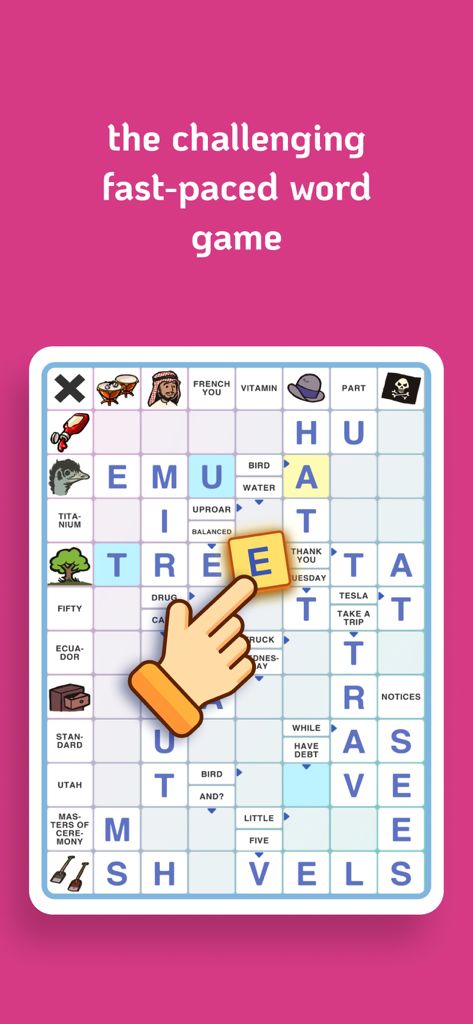 Kryss - The Battle of Words - Kryss 모바일 앱에서 십자말 풀이 보드에 글자 타일을 놓는 손.