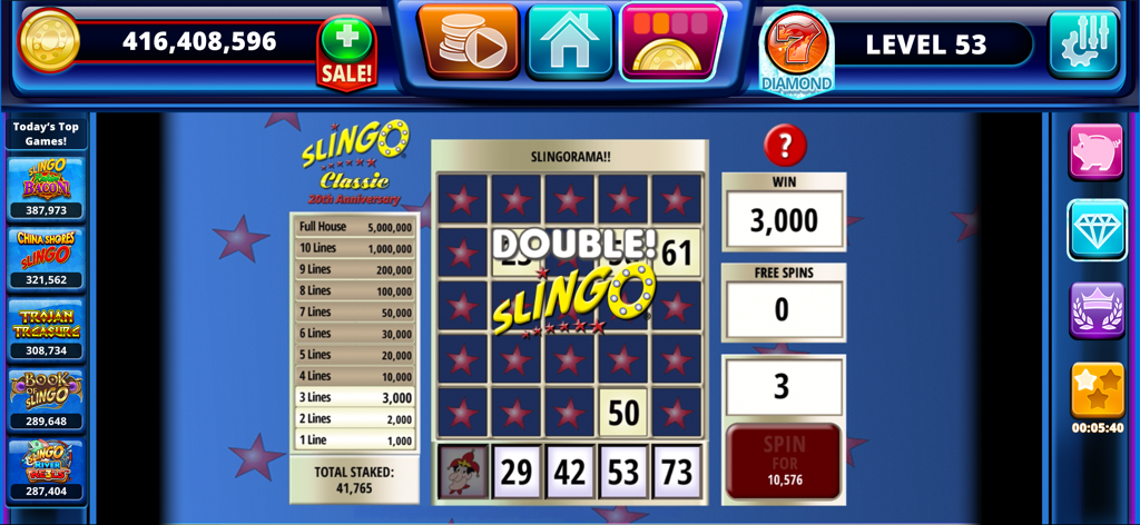 Slingo Arcade gameplay interface featuring a Double Slingo win in the Slingo Classic game mode.
