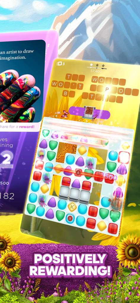 Bold Moves - A mobile screen showing Bold Moves gameplay combining a match-3 gem puzzle with a word puzzle to reveal inspirational quotes, set against a background of sunflowers and mountains.