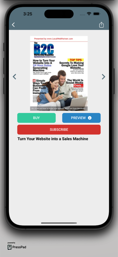 B2C Marketing Magazine - B2C Marketing Magazine app interface showing digital marketing tips and a subscription option for small business owners.