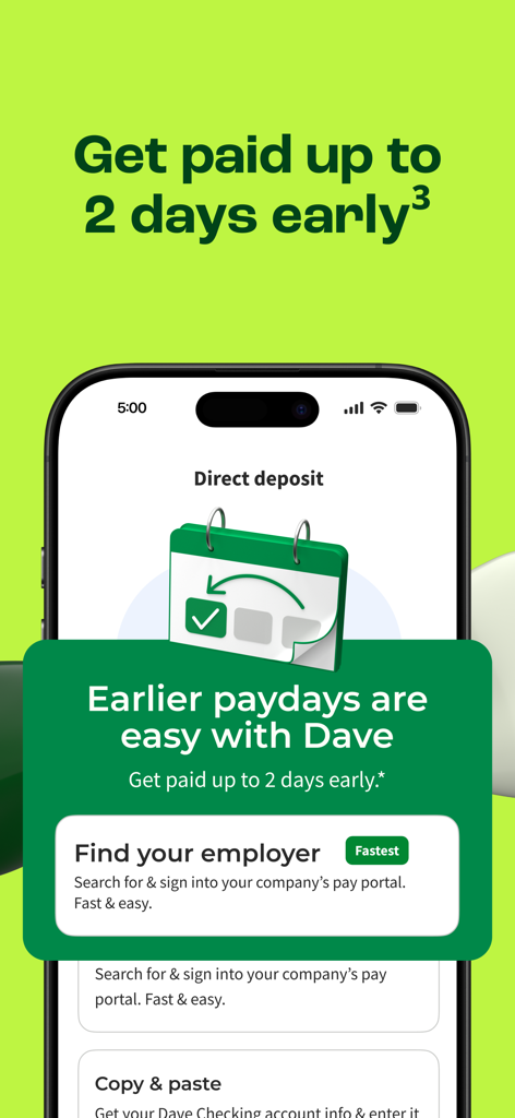 Interfaz de la aplicación Dave mostrando la función de pago anticipado para cobrar hasta dos días antes mediante la configuración de depósito directo.