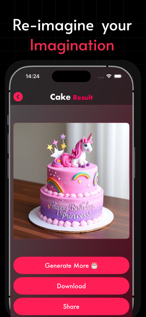 AI CakeMaker - Name on Cake - A mobile app screen showing an AI-generated two-tiered pink unicorn cake with the text Happy Birthday Princess