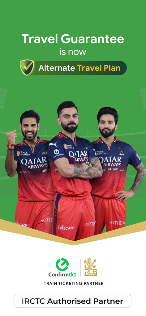ConfirmTkt: Train Booking App - ConfirmTkt app screen featuring RCB cricketers and the Alternate Travel Plan announcement.