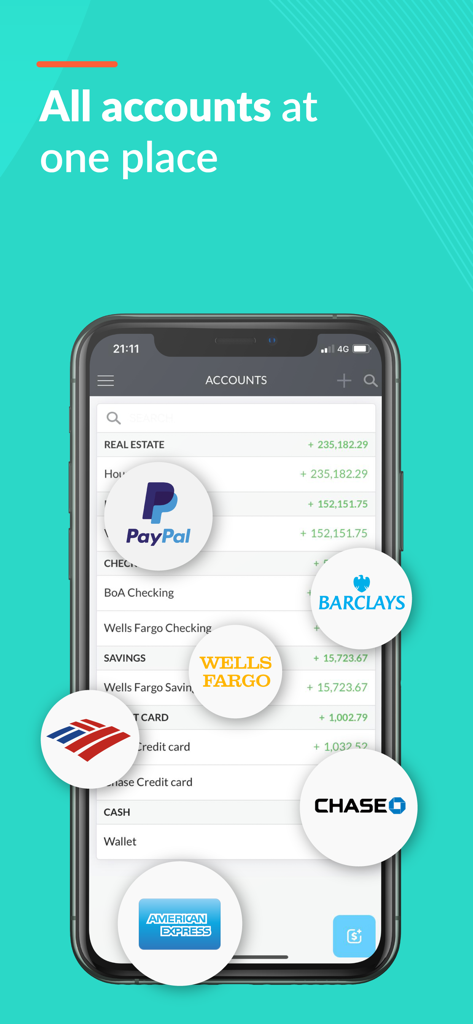 Buxfer app dashboard showing consolidated financial accounts from various banks including Chase and Wells Fargo