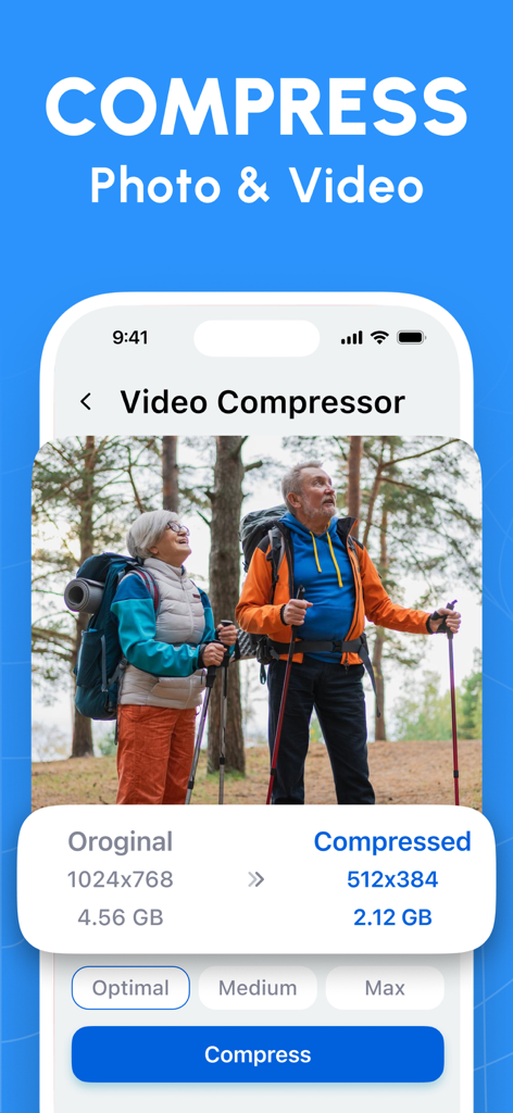 Cleanup - Storage Cleaner AI - Cleanup app screen showing video compression from 4.56 GB to 2.12 GB to save storage space