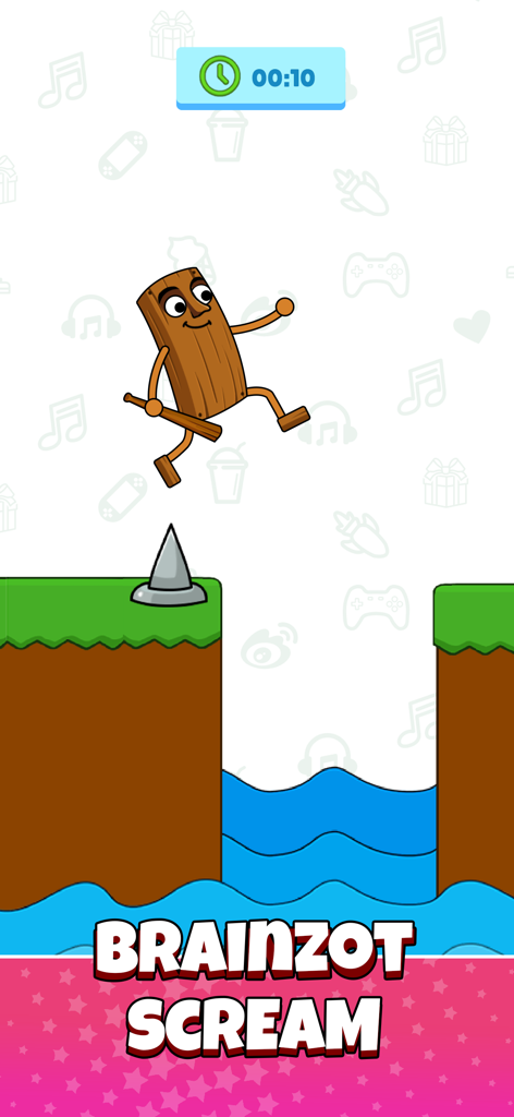 Un personaje de tronco de madera saltando sobre un pincho y un hueco de agua en el minijuego Brainrot Scream.
