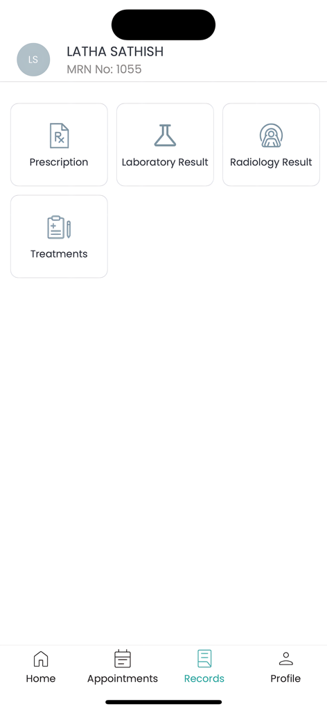 Medical records dashboard in the Polyclinic app showing buttons for prescriptions laboratory results radiology results and treatments