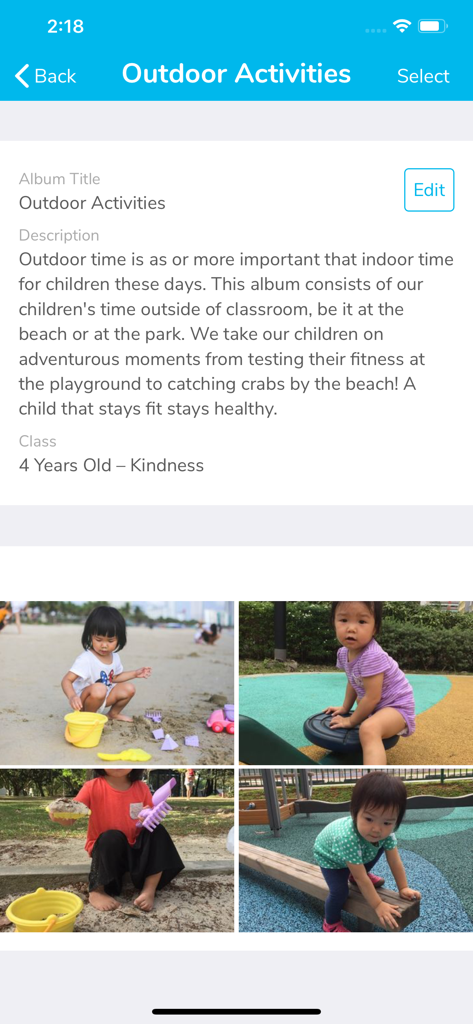 Vista del álbum de Actividades al Aire Libre en la aplicación LittleLives para Maestros con fotos y descripciones de estudiantes.