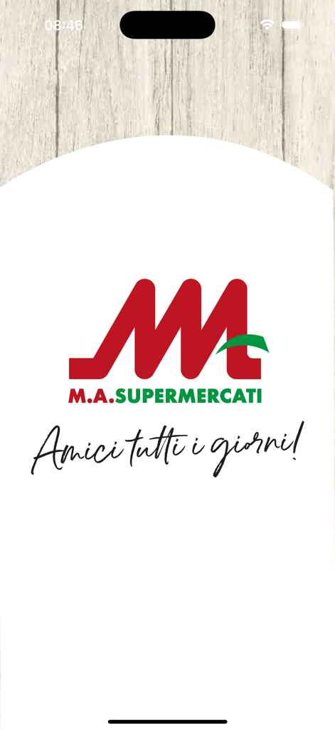 Schermata iniziale dell'app MA Supermercati con logo e slogan del brand