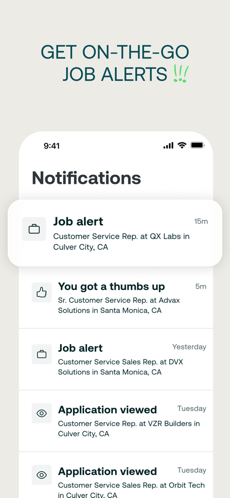 ZipRecruiter mobile app screen showing job alerts and application status notifications