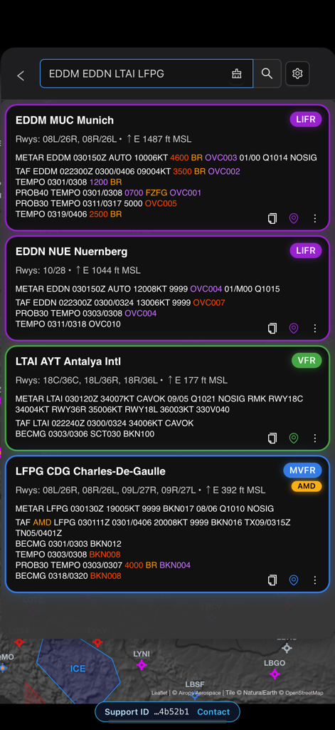 Airops Copilot - Airops Copilot app displaying METAR and TAF aviation weather reports and runway data for multiple airports