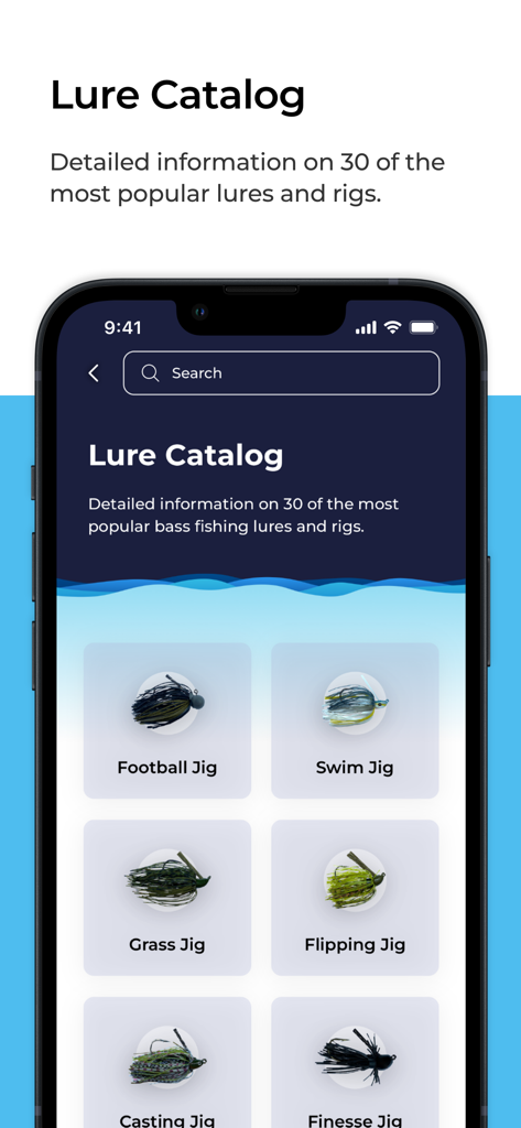 Lure Cast app interface showing a catalog of 30 popular bass fishing lures including various jigs