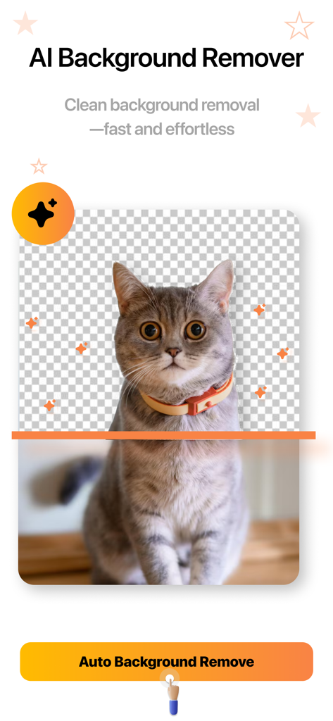 Remove BG - Background Eraser. - AI 배경 제거기가 자동으로 배경을 지우는 고양이를 보여줍니다