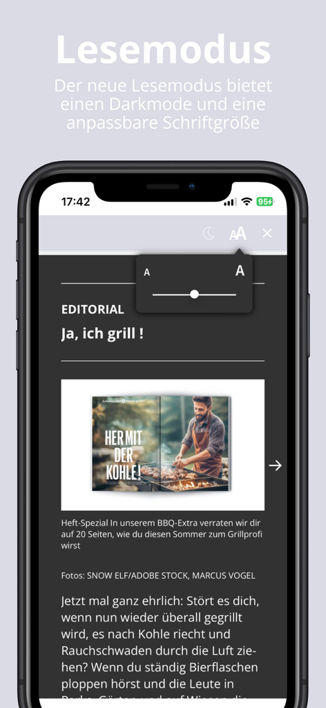 Health Kiosk - Interfaz de la aplicación Health Kiosk que muestra el modo de lectura en tema oscuro con ajustes de tamaño de fuente personalizables