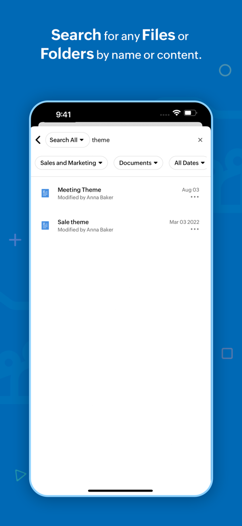 Mobile app screen of Zoho WorkDrive showing search results for files with professional filters.