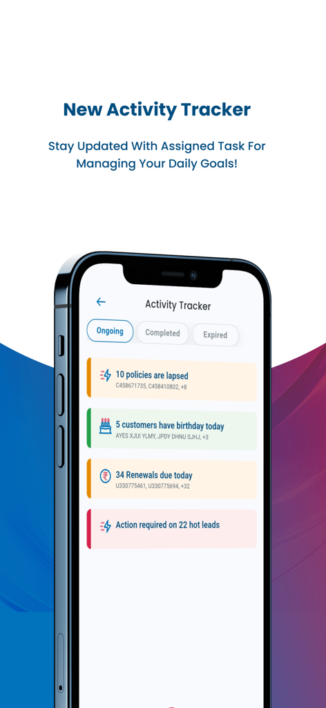 TATA AIA Siddhi 2.0 - TATA AIA Siddhi 2.0 activity tracker screen showing policy updates, renewals, and lead management tasks on a mobile phone.