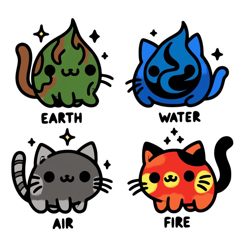 4 cats that represent the different elements, earth, water, air, and fire
