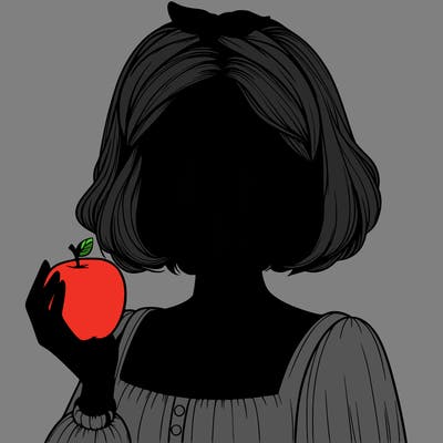 a woman with medium short hair, wearing a headband with a small bow, carrying an apple in her hand, realistic