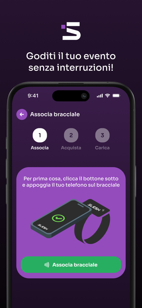 Slesh - Smartphone screen showing the NFC pairing process for a festival bracelet in the Slesh app