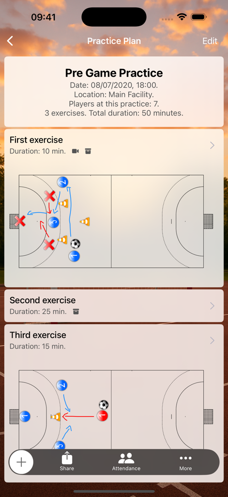 Assistant Coach Handball - A detailed handball practice plan screen displaying tactical diagrams and exercise durations for coaches