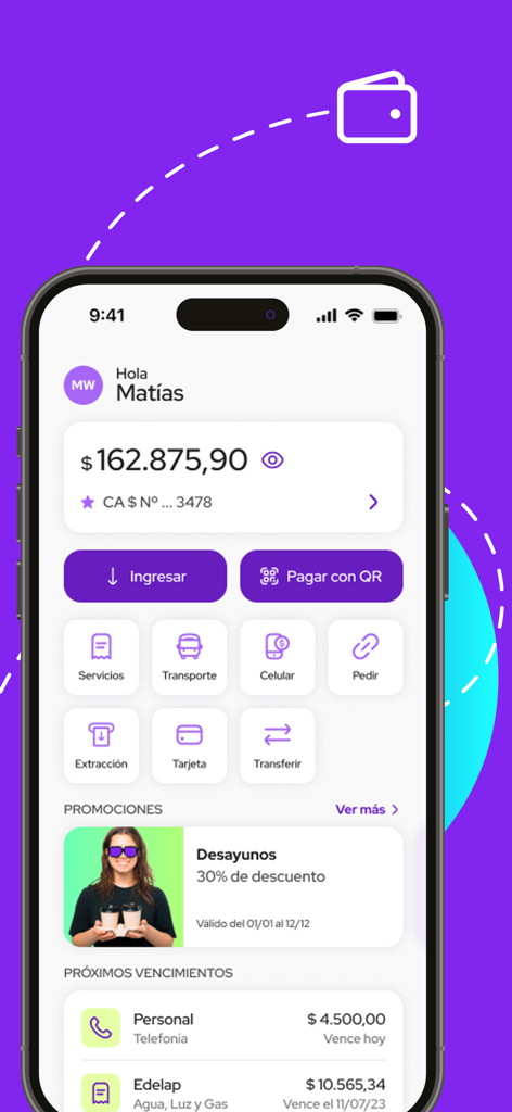 Buepp: Tu billetera urbana - Dashboard of the Buepp mobile app showing account balance, QR payment button, and service management icons