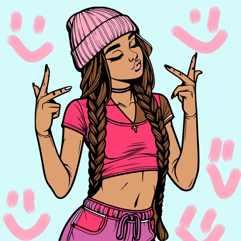 realistic teenage girl with braids and a beanie and crop top doing 🫶🏼
