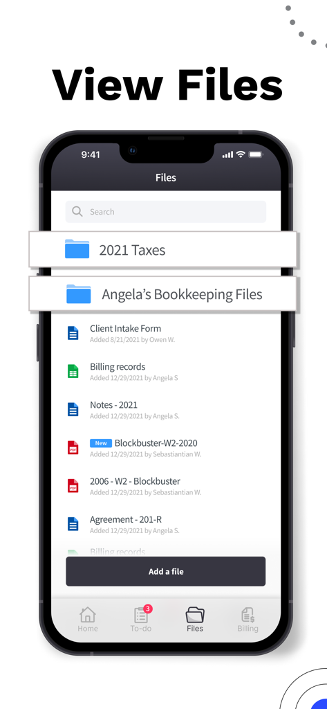 Canopy Client Portal - Tela do aplicativo móvel Portal do Cliente Canopy mostrando uma lista de pastas e documentos fiscais como W2s e registros de faturamento.