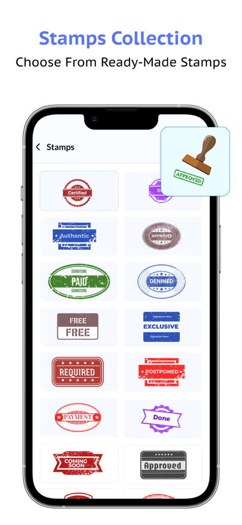 A variety of digital stamps for professional document marking in the Sign Docs app