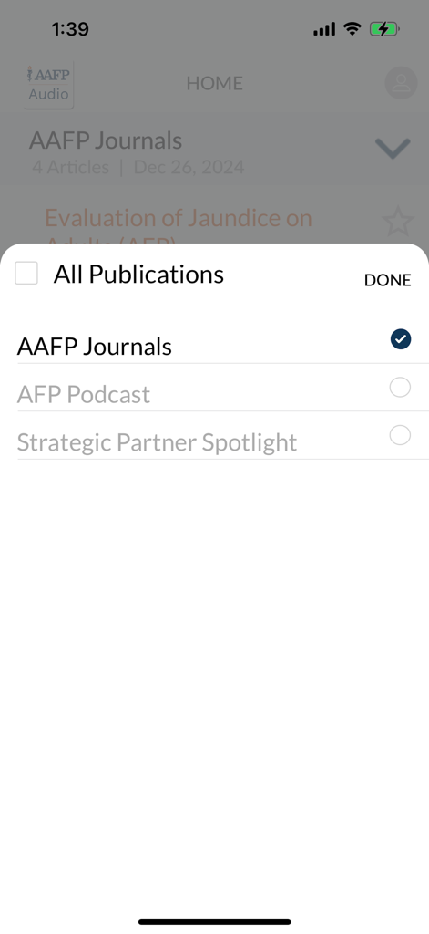 AAFP Audio - Selection menu for medical journals and podcasts in the AAFP Audio app