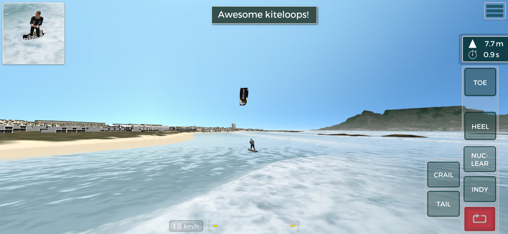 Kiteboard Hero - A gameplay screenshot of Kiteboard Hero showing a rider performing a kiteloop stunt in Cape Town