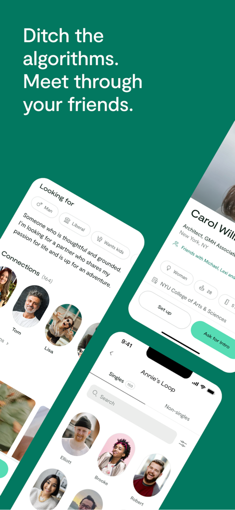 Screenshots of the Loop matchmaking app showing user profiles and a social network for meeting through friends