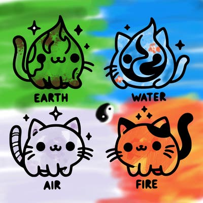 4 cats that represent the different elements, earth, water, air, and fire