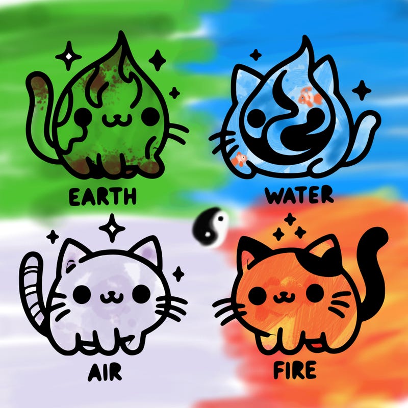 4 cats that represent the different elements, earth, water, air, and fire