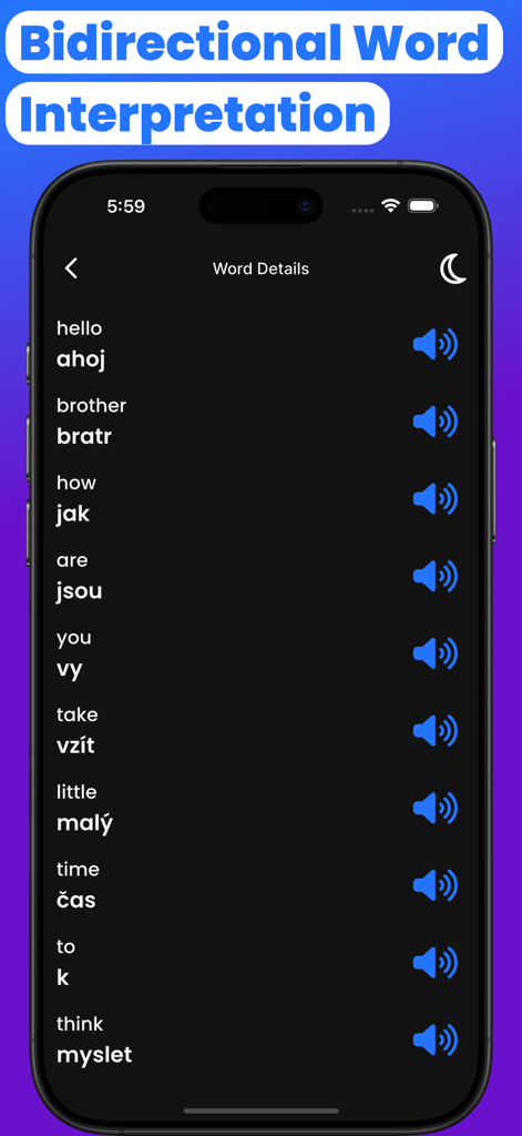 Lista de palabras en inglés traducidas al checo con iconos de audio en modo oscuro