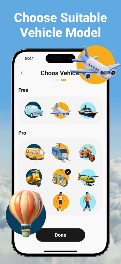 Interface of the Travel Planner app showing a variety of 3D vehicle icons including planes, cars, and bikes for route animation.