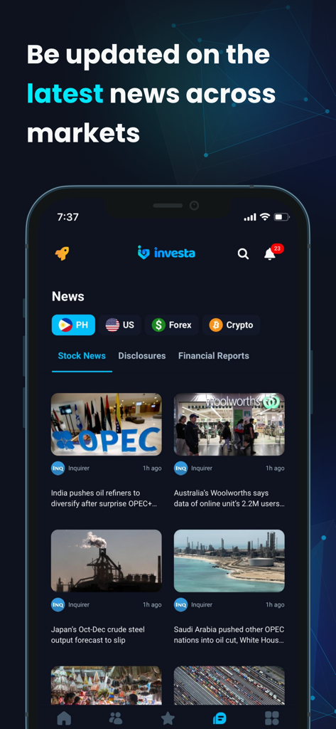 Interfaz de noticias de la aplicación móvil Investa que muestra actualizaciones del mercado global