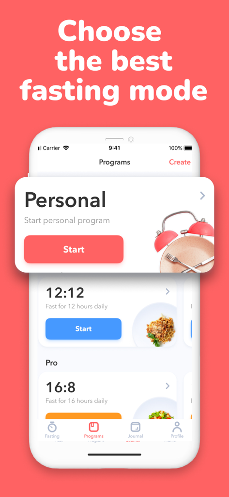 Intermittent Fasting Tracker! - Pantalla que muestra diferentes modos de ayuno intermitente como 12:12 y 16:8