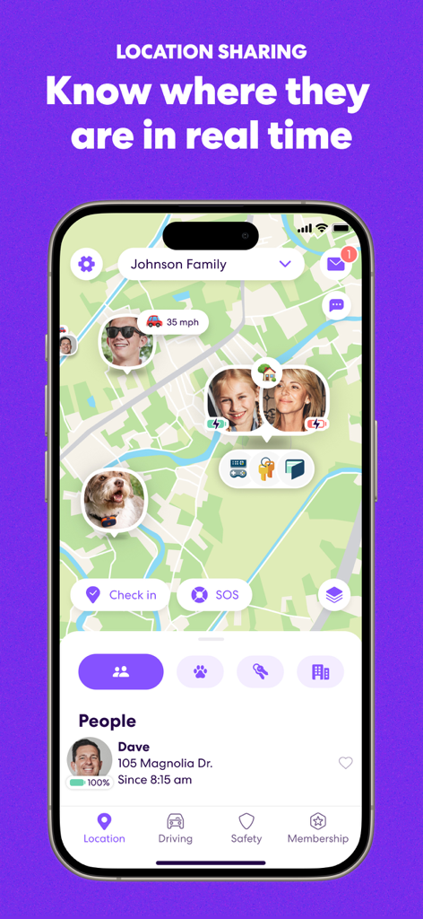 L'interface de l'application Life360 affiche le partage de position en temps réel des membres de la famille et les objets suivis sur une carte.