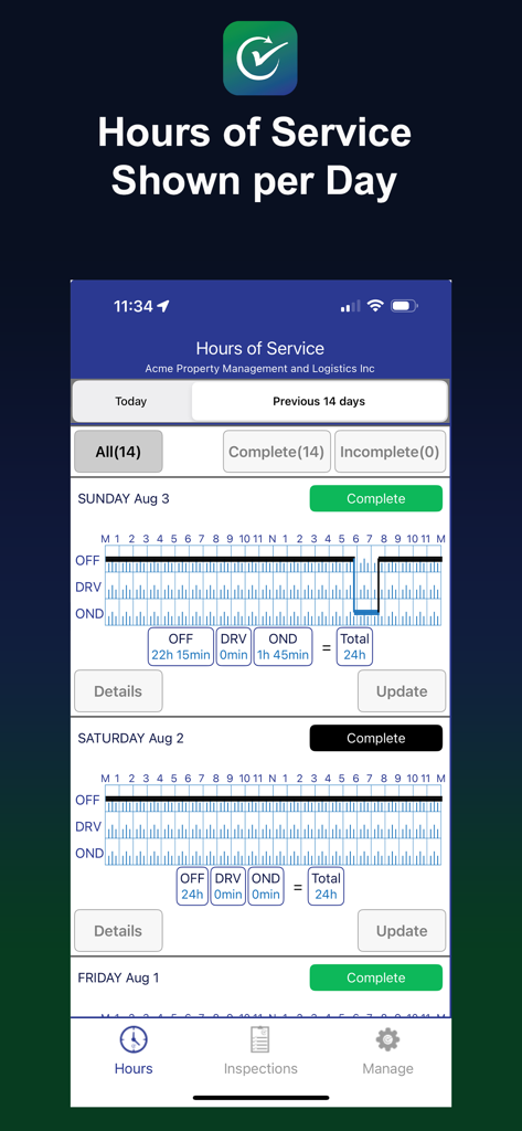 ReadyChek - ReadyChek app screenshot showing daily Hours of Service logs and duty status records