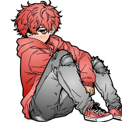 a male hoddie ripped jeans messy hair anime
