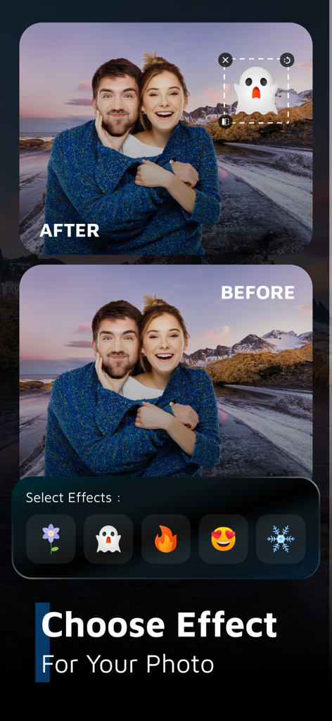 AI Sky Replacement Sky Changer - Before and after comparison of a photo with a ghost sticker effect added