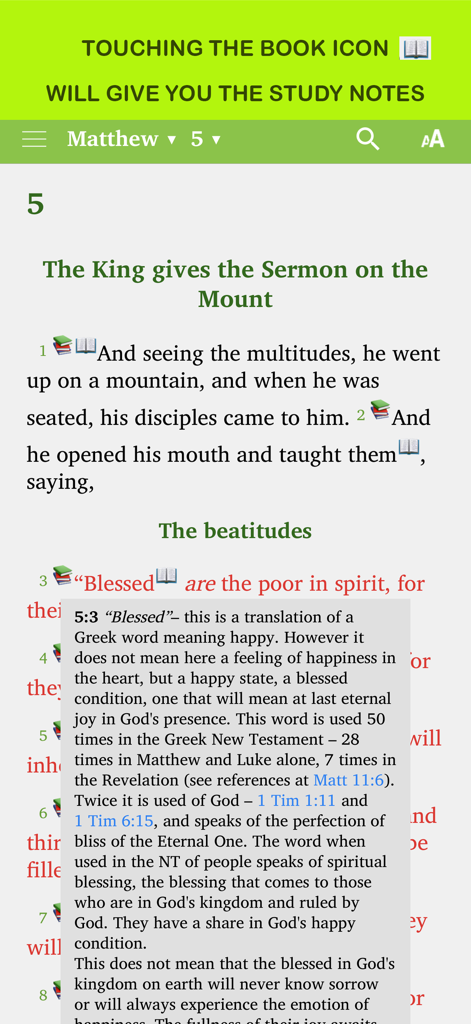 Interface of The Pastors Study Bible app showing scripture text and a study notes popup window.