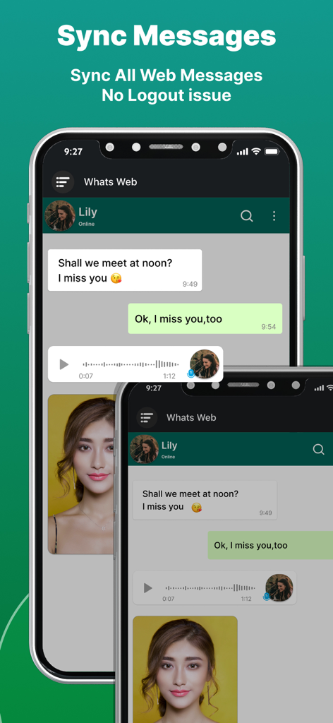 Web Scanner - Dual App - Web Scanner app interface showing synced chat messages on multiple iPhones