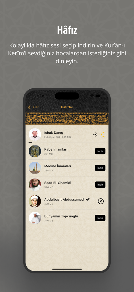 A list of Quran reciters with portraits and download buttons in the Kuran mobile application