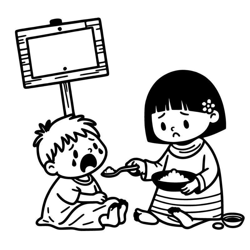 poor girl with blank sign trying to feed her little brother