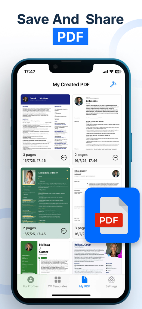 WeBuildCV: Resume Maker PDF AI - Tela do aplicativo móvel mostrando uma lista de currículos profissionais em formato PDF prontos para salvar e compartilhar