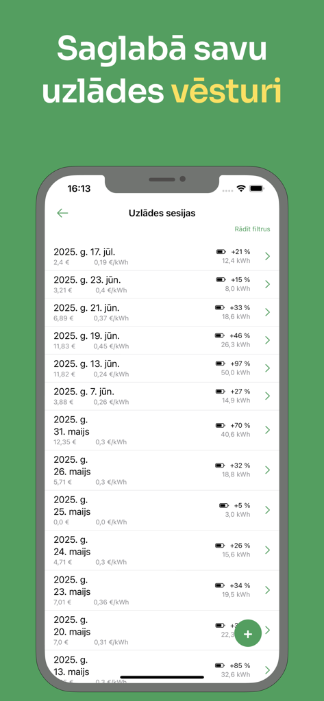 Electric vehicle charging session log displaying dates and costs in the EV Life LV app