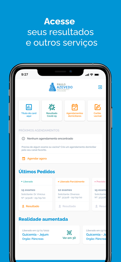 Laboratório - Paulo Azevedo - Panel móvil que muestra resultados de laboratorio y servicios de atención médica en la aplicación Paulo Azevedo.