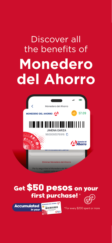 Farmacias Del Ahorro - Cartão fidelidade digital para Farmacias del Ahorro mostrando saldo de pontos e recompensa pela primeira compra.