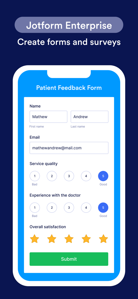 Jotform Enterprise Mobile App-Oberfläche, die ein Patientenfeedback-Formular mit Bewertungsskalen und einer Senden-Schaltfläche anzeigt
